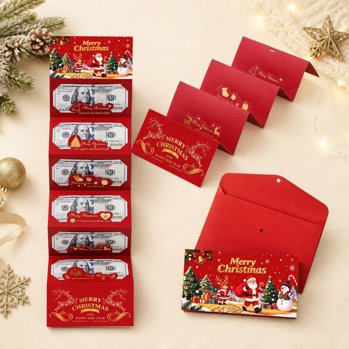 🎄🎅 Christmas Money Gift Envelope with 6 Cash Pockets – Foldable Holiday Cash Holder for Gift Cards, Christmas Money Gift & Surprise Reveal