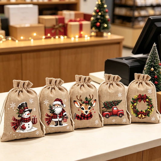 🎄60% OFF NOW! Christmas Drawstring Gift Bags – Rustic Burlap X‑mas Sack Pouches, Santa Snowman Reindeer Print, Reusable Holiday Candy Treat Bags for Gift Wrapping & Party Favors
